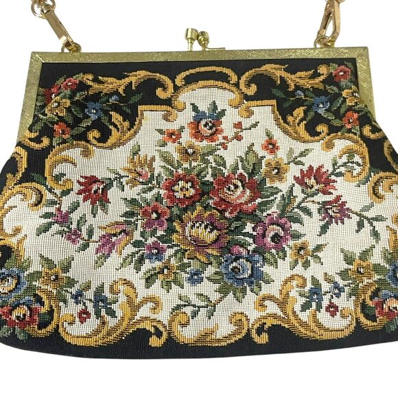 Floral Tapestry Handbag Metal Frame Evening Bag Chain Strap Kisslock Vintage - Picture 2 of 8